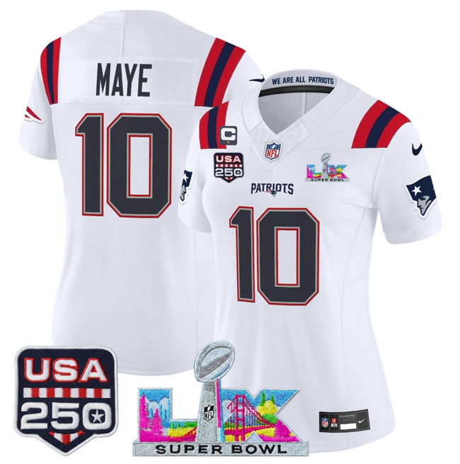 Women's New England Patriots #10 Drake Maye White 2025 F.U.S.E. 1-Star C Patch And Super Bowl LX Patch & USA 250' Patch Vapor Limited Football Stitched Jersey(Run Small)
